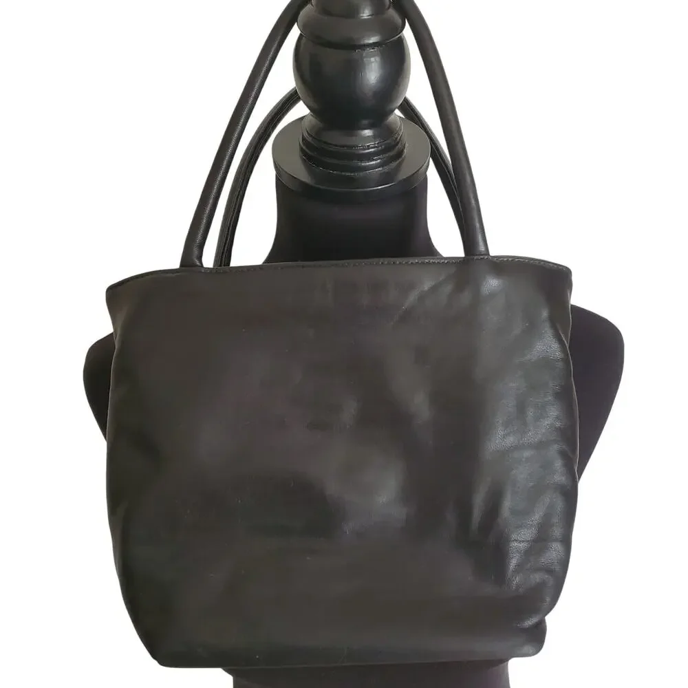Retro Status Quo Black Leather Purse Vintage Small Minimalist Carry Handbag NYC - Picture 8 of 9